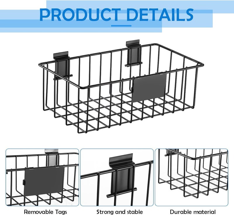 Maxcheck 4 Pcs Black Metal Slatwall Basket with Removable Tags Ventilated Slatwall Baskets Wall Mounted Storage Baskets Hanging Basket Organizer Slatwall Accessories for Shop Room Display Organizing - Image 4